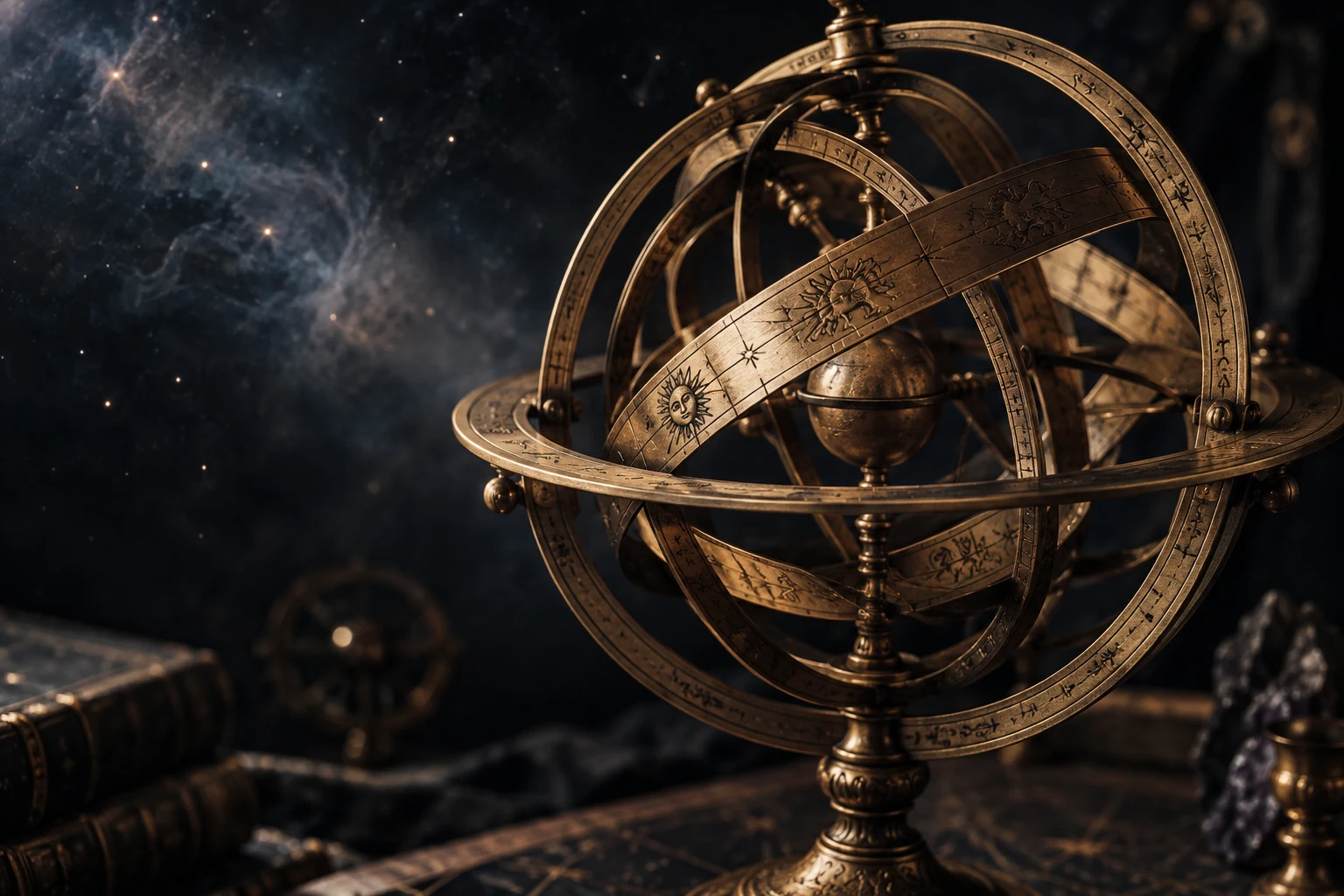 Sphère armillaire ancienne en laiton dans une atmosphère céleste
